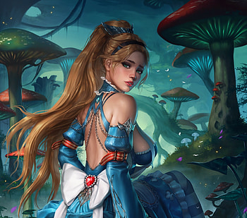 Alice, blue, blonde, fantasy, wonderland, girl, mushroom HD wallpaper
