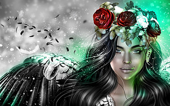 Girl, rendering, black, angel, rose, feather, flower, wings, white, bw, ngs, fantasy, green, red, face, luminos, wreath HD wallpaper