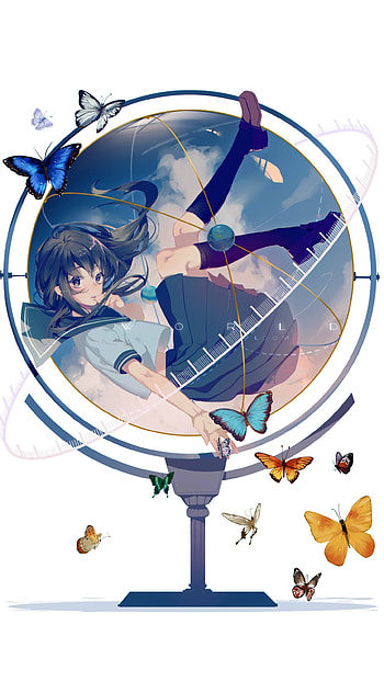 school uniform, butterfly, black hair, long hair, Anime, Original HD phone wallpaper