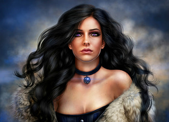 Yennefer, pendant, frumusete, brunette, alenaekaterinburg, girl, the witcher, woman, witch, jewel, fantasy, game, luminos HD wallpaper