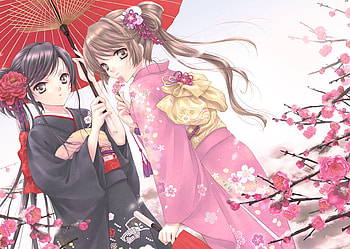 Spring Girls, umbrella, kimono, yukata, cute, traditional, pink, season, cherry, sakura, flowers, blossom HD wallpaper