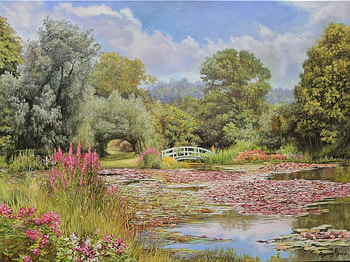 The lake, summer, painting, art, pictura, bridge, zbigniew kopania, lake, vara HD wallpaper