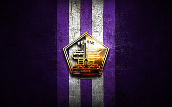 Persik Kediri FC, golden logo, Indonesia Liga 1, violet metal background, football, Indonesian football club, Persik Kediri logo, soccer, Persik Kediri HD wallpaper
