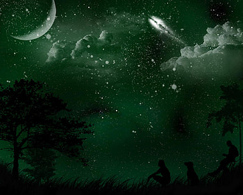 Night Green, night, dog, moon, men, green, woman HD wallpaper