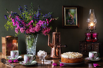 Still life, Cakes, Lamp, Cup, Suger, Vase HD wallpaper