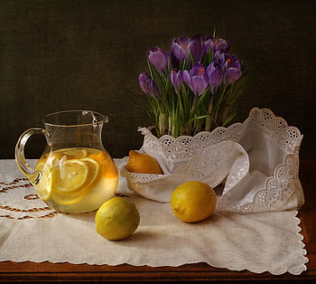 still life, graphy, embroidery, spring, nice, flower, lemon, fruit, , crocuses, elegantly, beautiful, jug, old, cool, flowers, harmony, drink HD wallpaper