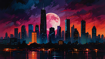 Pink Moon Rising Over City Vibrant Skyline Reflection, pink, moon, city, skyline, reflection, artist, artwork, art, digital-art, ai, deviantart HD wallpaper