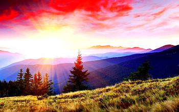 Another New Life, rays, horizon, blue, sunlight, graphy, peaks, beauty, scenery, trees, , mountains, sun, white, hills, scene, forests, beautiful, grass, purple, leaves, life, pretty, green, yellow, red, view, clouds, nature, sky, mounts, lovely, peak HD wallpaper