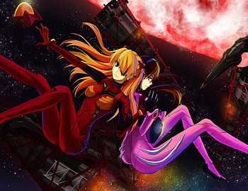 Who Choose Me or Her, Moon, Beauty, Wall, Evangelion Movie, Novel, BG, Anime, Game, Girl, Classic, Choose, TV Show, New, Asuka Langley Sister, Makinami Mari, Soryu Asuka Langley HD wallpaper