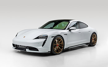 Porsche Taycan, 2021, front view, exterior, new white Taycan, sports electric car, bronze wheels, Vorsteiner, V-FF 109 Patina Bronze, German electric cars, Porsche HD wallpaper