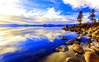 LAKE in REFLECTION, reflection, landscape, sky, rocks, lake HD wallpaper