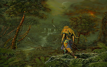 LOST PREHISTORIA, waterfall, dinosaurs, jungle, prehistoria, warrior, female HD wallpaper