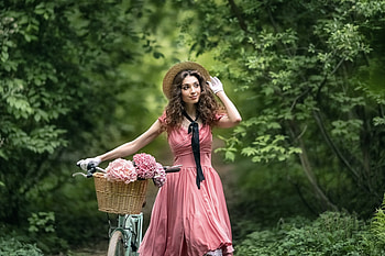 ღ, Model, Flowers, Girl, Dress, Cycle HD wallpaper