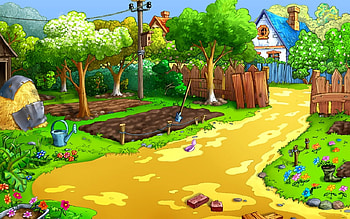 Garden scene, color, painting, art, pretty, house, garden, nature, rural country HD wallpaper