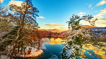 Lake Woerthersee, Austria, winter, snow, clouds, landscape, trees, sky, alps, water HD wallpaper