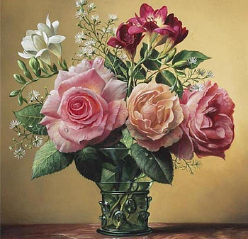Classic Beauty, table, classic, bouquet, roses, painting, love, vase, romance HD wallpaper