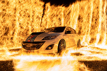 Burning mazdaspeed3, automotive lighting, mazda3, car, work wheels, fire, mazda HD wallpaper