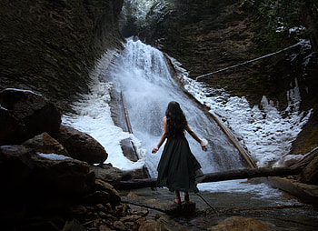 Waterfalls, girl, nature, Waterfall, tree HD wallpaper