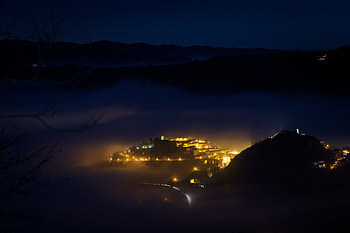 Cities, Mountains, Night, Italy, City, Shine, Light, Fog, Rimini HD wallpaper