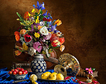 Still life, book, silverware, flowers, fruits, food, violin HD wallpaper