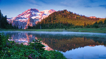 Klapatche Camp at sunset on Mt. Rainier's Wonderland Trail, washington, trees, landscape, sky, water, reflections, usa HD wallpaper