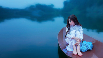 Boat on a river, girl, dust, digital, art HD wallpaper