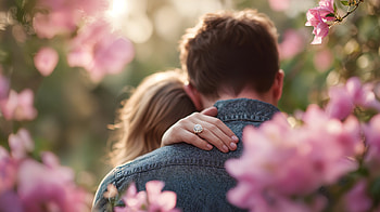 Engagement Moment with Fiancé in Blooming Spring Setting, Engagement, fiance, couple, embrace, romance HD wallpaper