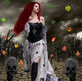 ✫Splendor of Death✫, colorful, emotional, plants, eyelashes, cute, colors, digital art, cracked soil, dress, animals, bright, trees, female, wolves, beautiful, dark, leaves, pretty, manipulation, cool, face, models, girls, flowers, women, redhead, lovely, hair HD wallpaper