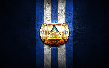 Levski Sofia FC, golden logo, Parva liga, blue metal background, football, bulgarian football club, Levski Sofia logo, soccer, PFC Levski Sofia HD wallpaper