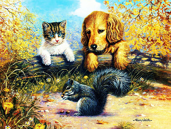 A Grand Stand View, puppy, squirrel, kitten, leaves, painting, autumn HD wallpaper