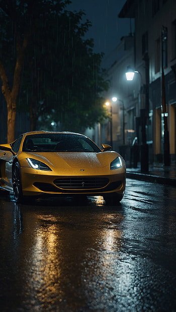 Golden Luxury Sports Car on Rainy Street, Night HD phone wallpaper