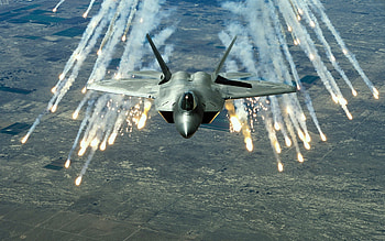 F-22 Raptor, military, f-22, 1080i, raptor, , flares, aircraft, plane, clouds, sky HD wallpaper