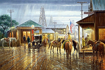 Texas Town, artwork, horses, painting, car, derricks, people, vintage HD wallpaper
