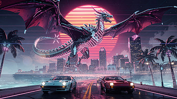 Neon Wyvern — Retro City, Wyvern, Dragon, Sports Car, City Skyline HD wallpaper