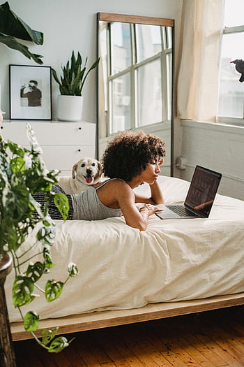 Woman with curly hair using laptop on bed with dog by her side in a plant-filled, cozy bedroom. HD phone wallpaper