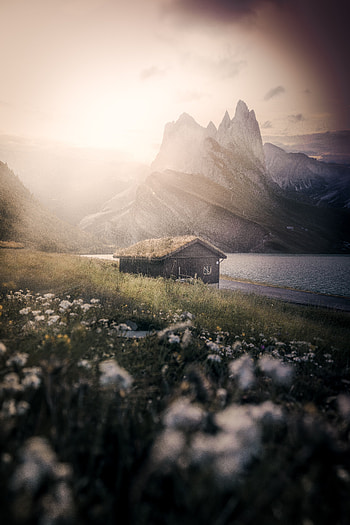 Nature, Grass, Mountains, Lake, Fog, Small House, Lodge HD phone wallpaper