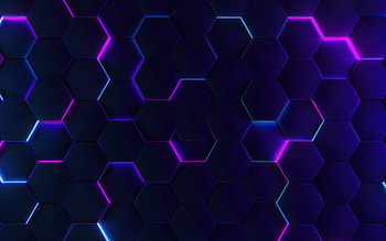 dark blue hexagon background, blue neon lights, blue hexagon neon background, hexagons with neon lights, blue 3d hexagon background HD wallpaper