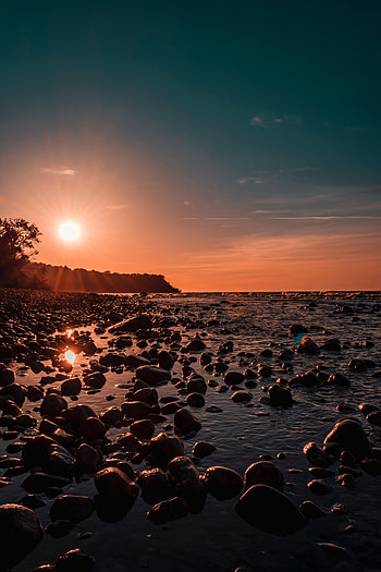 Nature, Sunset, Stones, Sea, Shore, Bank, Shine, Light HD phone wallpaper