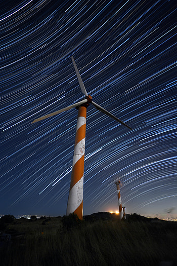 Night, Dark, Starry Sky, Long Exposure, Design, Construction, Glow, Wind Turbine HD phone wallpaper