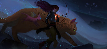 Kusuriuri, night, blue, art, girl, cat, orange, fantasy, light, anndr, luminos HD wallpaper