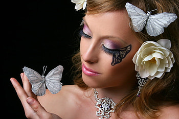 Love of butterfly, rose, butterflies, eye makeup, woman HD wallpaper