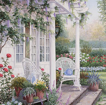 View of the Backyard, wicker chairs, plants, windows, roses, columns, house, garden, lawn, wisteria, painting, trees, flowers, pots HD wallpaper