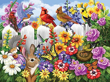 Garden Gossip, birds, art, colors, butterflies, painting, fence, flowers, rabbit, cardinals HD wallpaper