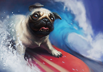 Pug Surfing, pug, artist, artwork, digital-art HD wallpaper