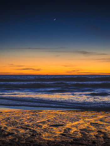 Beach, sunset, sea waves, calm HD phone wallpaper