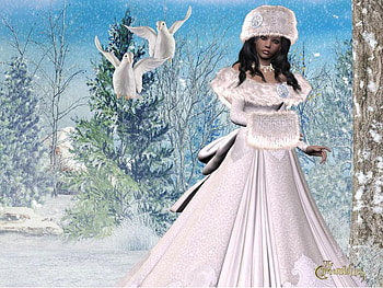 Doves, abstract, fantasy, snow, trees, girl HD wallpaper