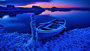 Frozen Boat, sky, sunset, lake, ice, colors HD wallpaper