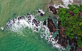 coast, sea, view from above, aerial view, waves, tropical island, coast aerial view, stones HD wallpaper