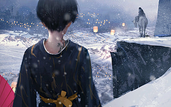 Farewell, blue, winter, kimono, horse, asian, art, girl, fantasy, wlop, luminos, lantern HD wallpaper