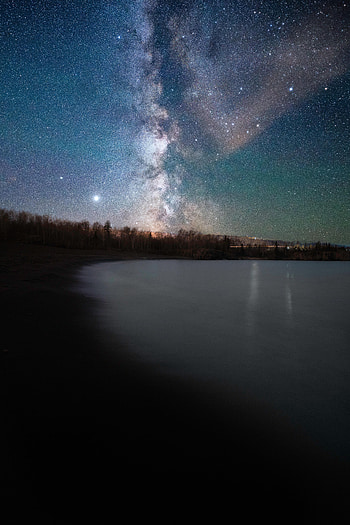Night, Lake, Shore, Bank, Dark, Starry Sky HD phone wallpaper